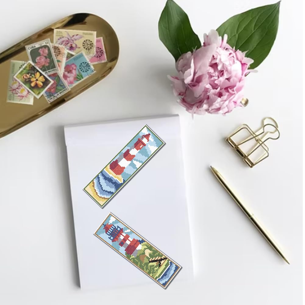 6 Set Bookmark Cross Stitch Kits Cross Stitch Bookmark Kit with Instructions Lighthouse Scenery Pattern Embroidery Kit for Beginners Bookmarks Making Kit for Gift