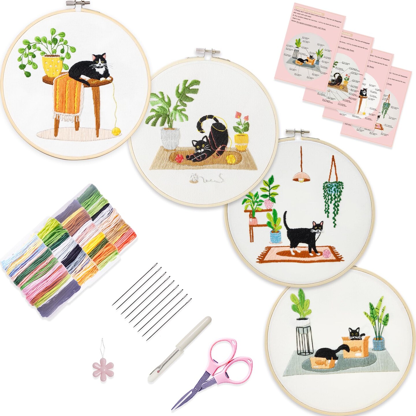 4 Sets Embroidery Set for Beginners, Art Craft, Easy Sewing, Includes Embroidery Clothing, Pattern, Embroidery Hoop, Instruction Manual, Colorful Thread Stitch Set (Cat)