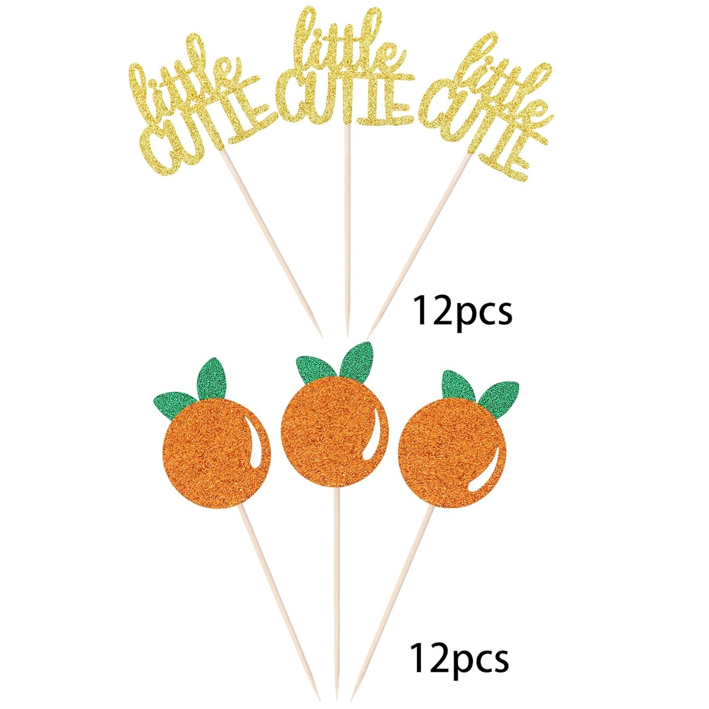 24 PCS Little Cutie Cupcake Toppers Glitter Orange Cupcake 2"W x 4.2"H