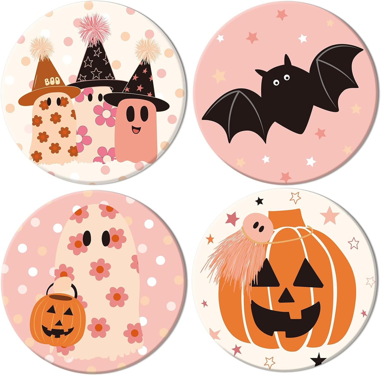 4Pcs Halloween Coasters Pink Ghost Bat Pumpkin Ceramic Coasters
