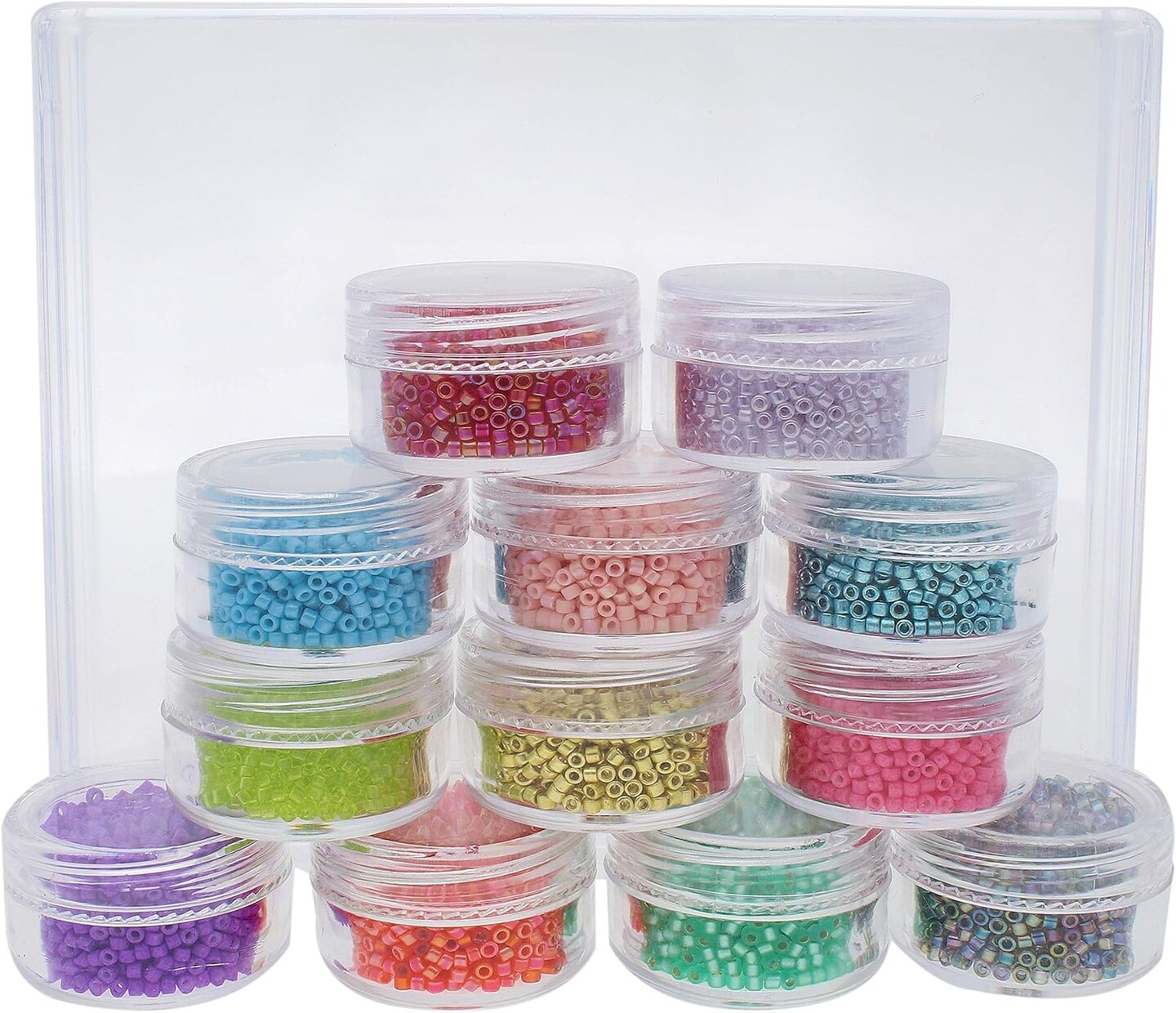 The Beadsmith Personality Case - Clear Storage Organizer Box, 5 x 3.75 x 0.9 inches - Includes 12 Small Containers with lids - 1.2 x 0.7 inches, Bead Holder