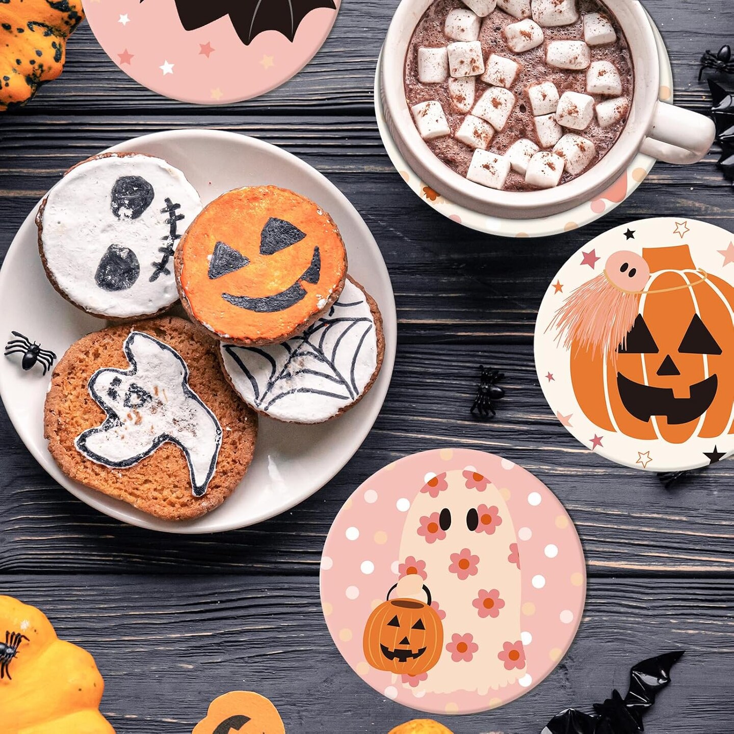 4Pcs Halloween Coasters Pink Ghost Bat Pumpkin Ceramic Coasters
