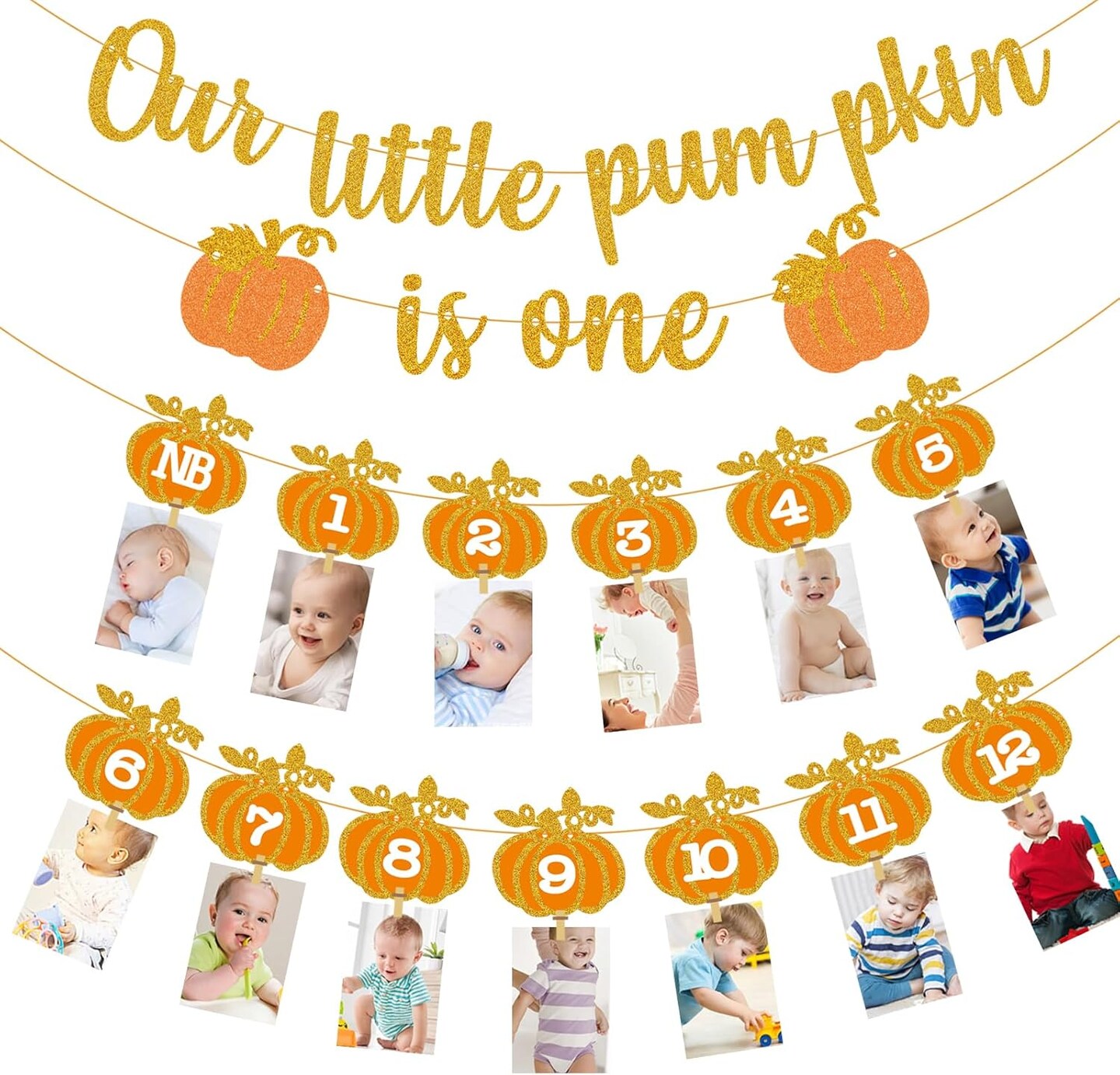 Fall Pumpkin 1st Birthday Photo Banner - Autumn Milestone Photograph Bunting