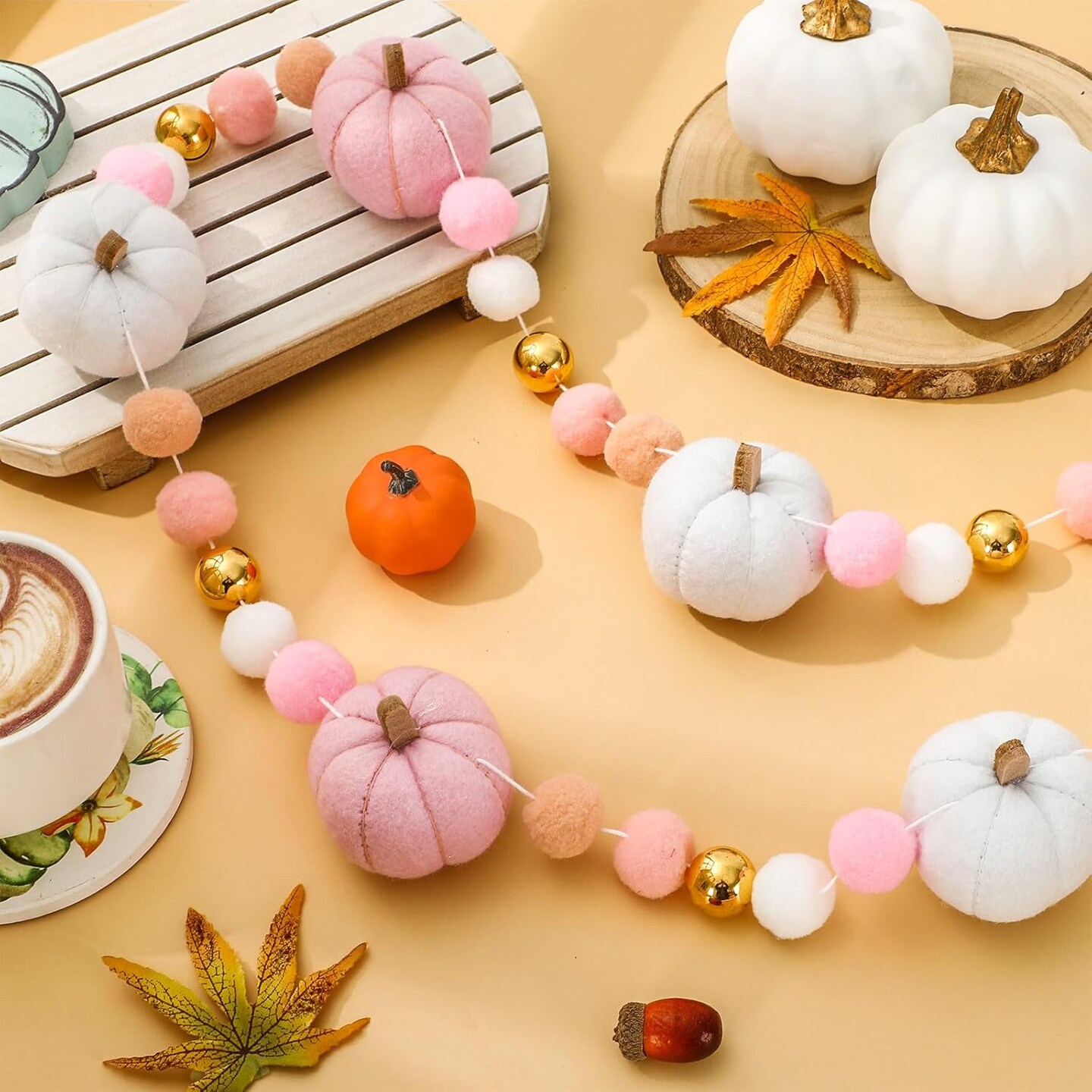 8.2Ft Fall Felt Garland 3D Pink White Pumpkin with Gold Bead Hanging Banner