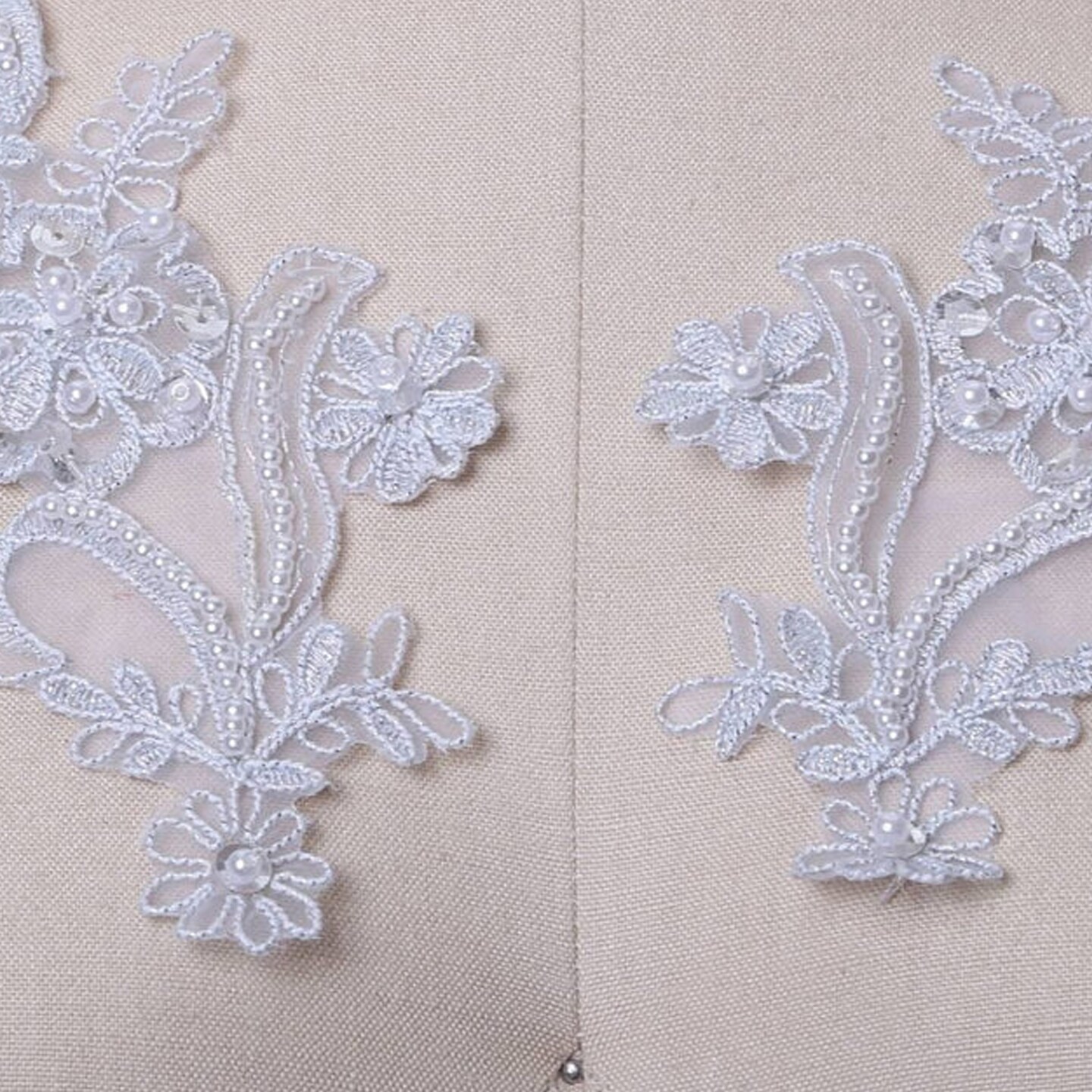 2 Pieces 22 Cm By 9 Cm Shimmery Silver Gray Lace Applique Set With Pearl And Sequin Details