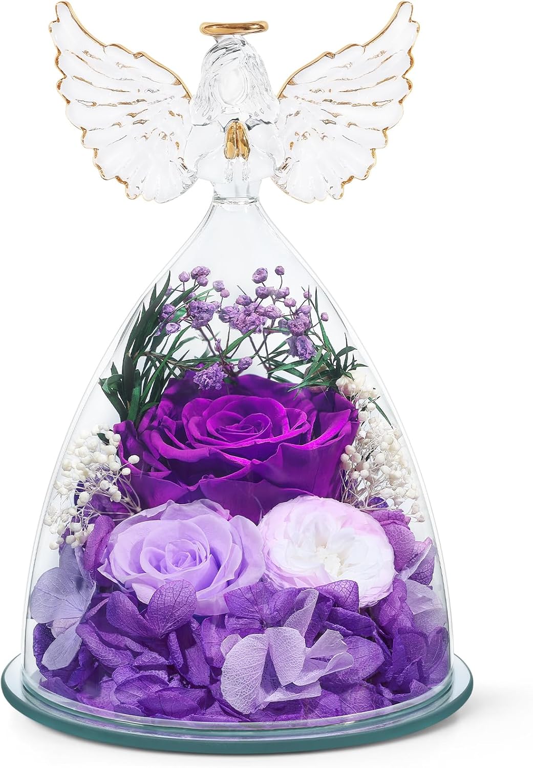 Preserved Rose Forever Flower in Glass Angel Figurine (A-purple) 4.41"D x 4.41"W x 6.5"H