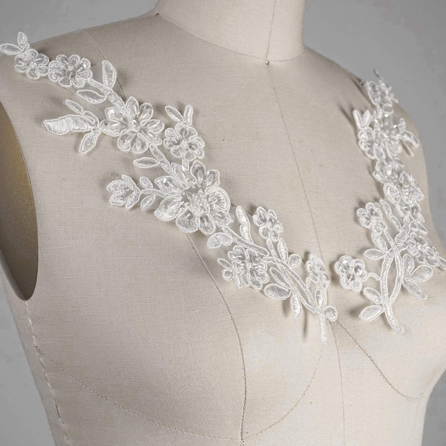 1 Pair White Beaded Bridal Lace Applique 10 Inch Symmetrical Alencon with Pearls and Sequins