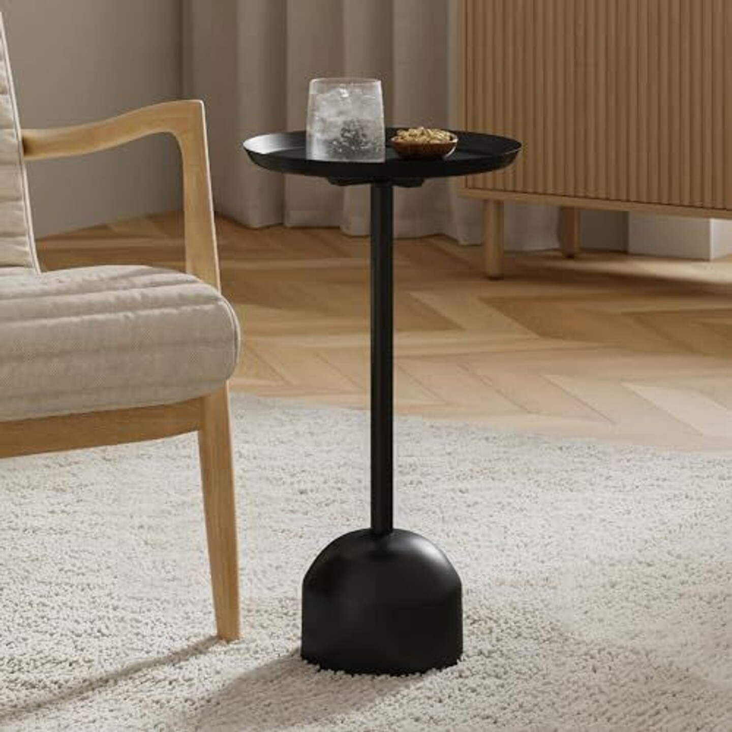Stead Round Metal Drink Table, Pedestal Drink Desk, Modern Home, Bedroom, and Living Room Furniture, Small Metal Side Table with Dome Base and Beveled Top, Beverage Desk (Black)