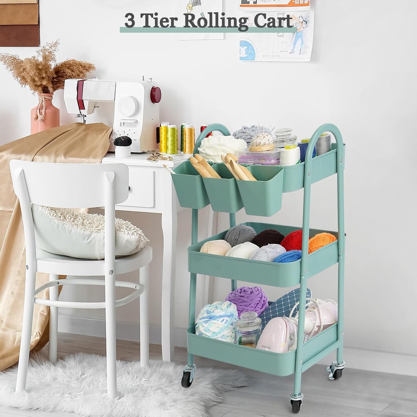 3-Tier Rolling Cart - Green