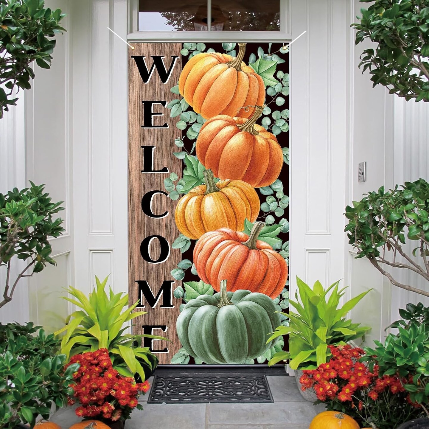 Fall Pumpkin Eucalyptus Door Cover for Front Porch,7236in