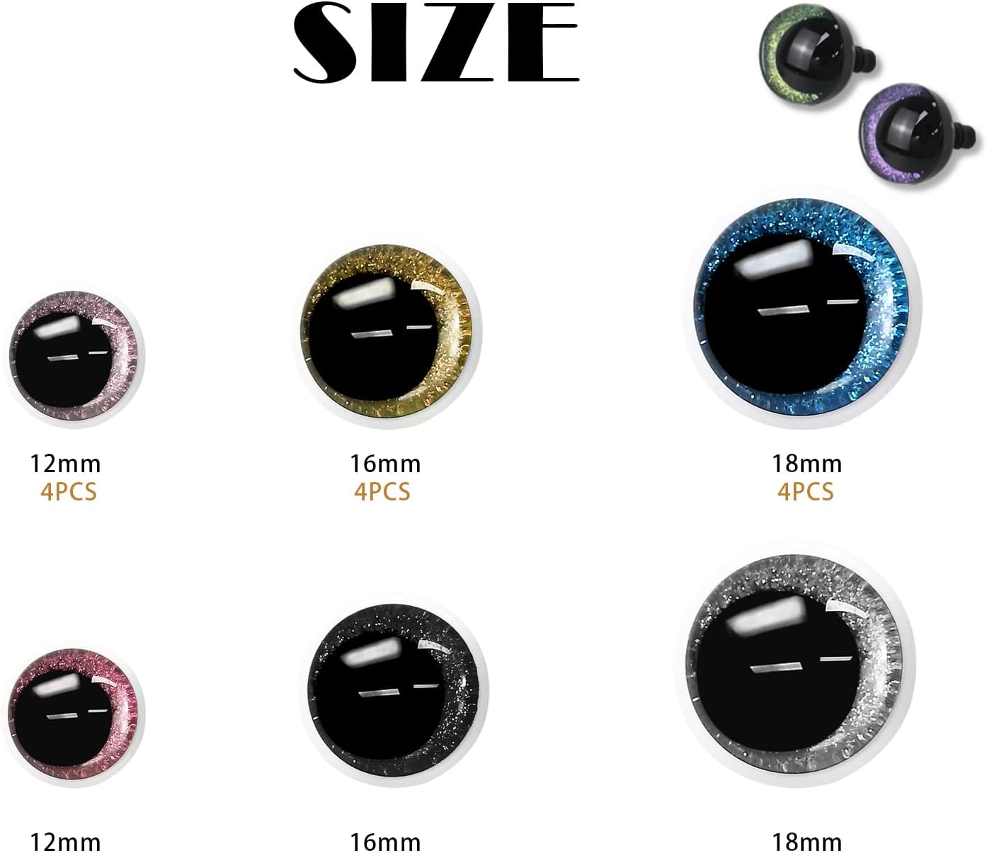 24pcs Glitter Safety Eyes for Amigurumi Crochet – 12–18mm 3D Sparkle Doll Eyes with Washers, Multicolor Stuffed Animal Eyes for DIY Crochet, Plush Toy & Craft Projects