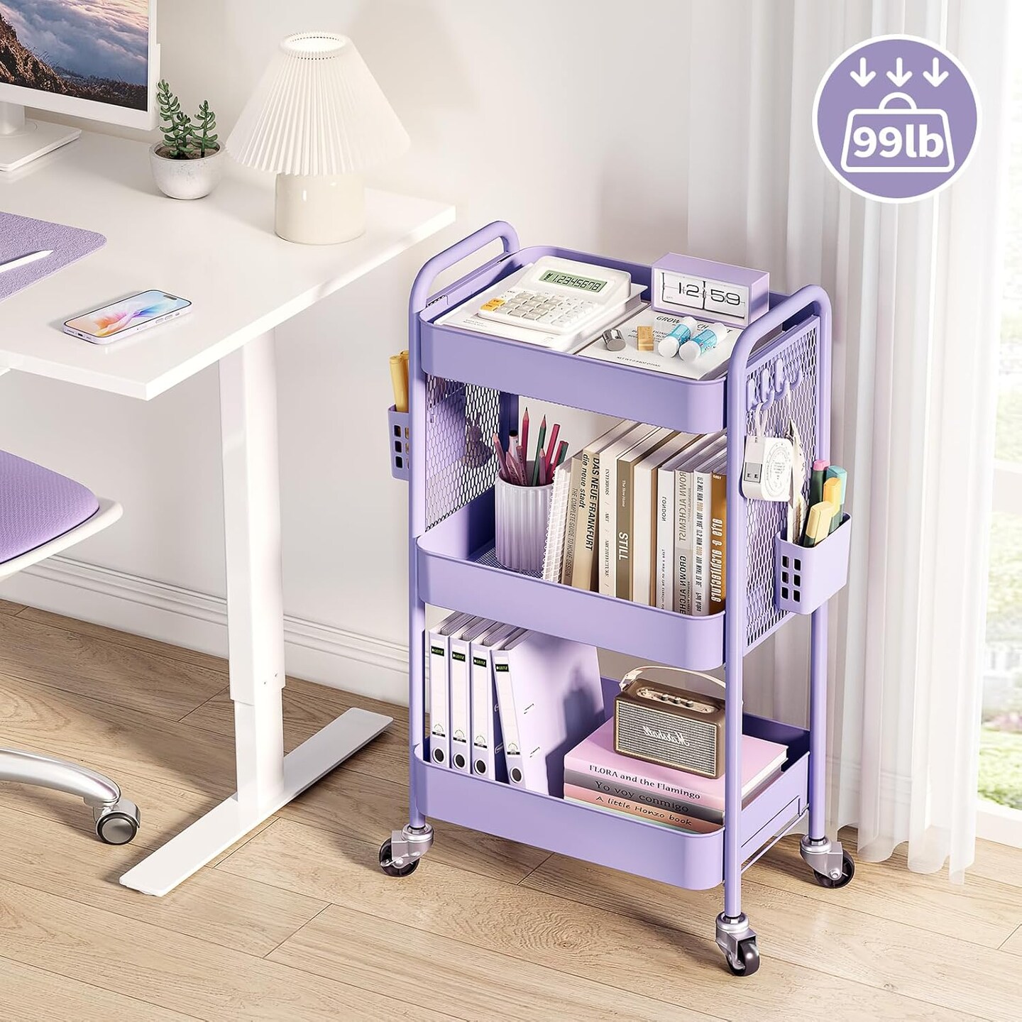 3 Tier Rolling Cart Storage Organizer - Purple