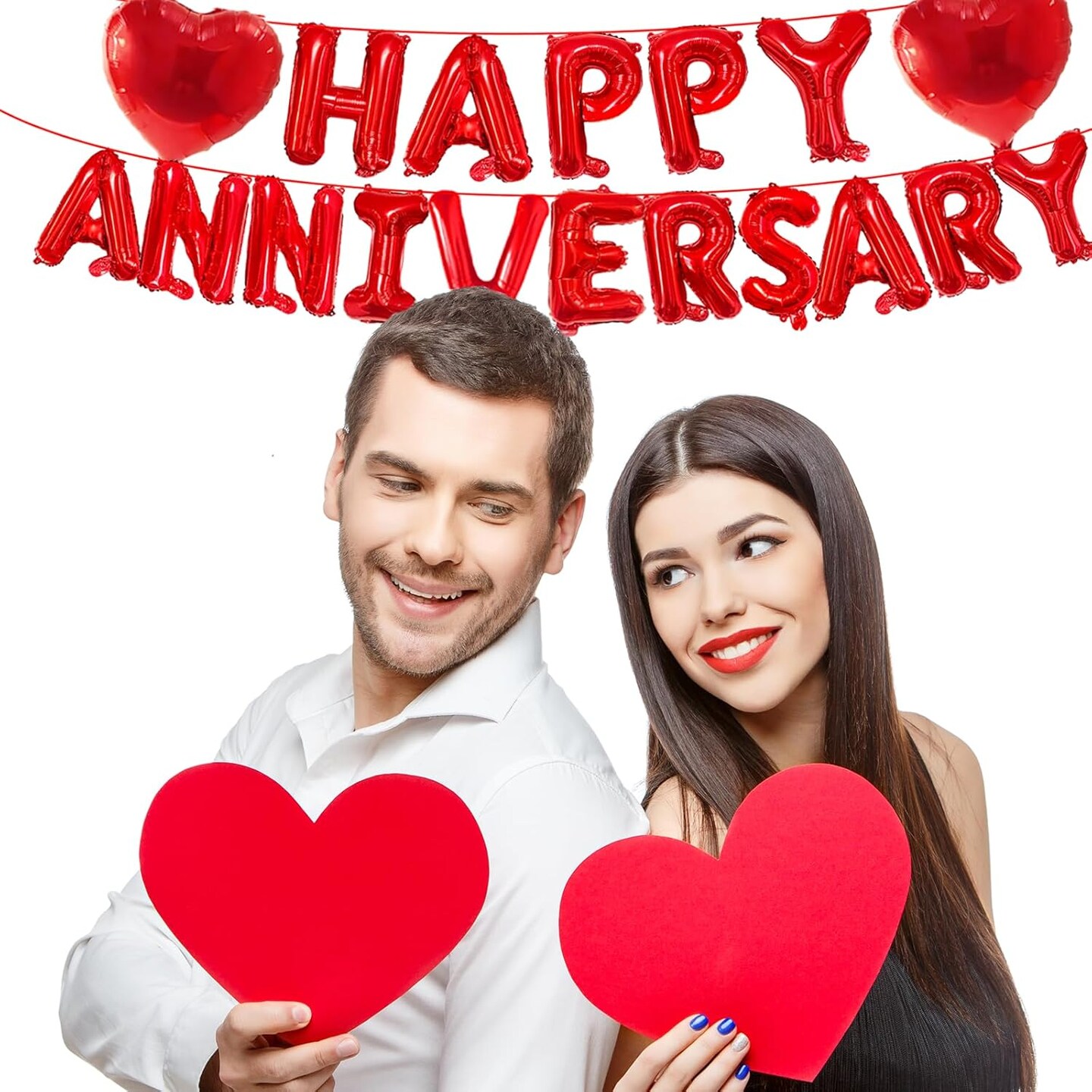 16" Red HAPPY ANNIVERSARY Letter Balloons with 18" Heart-Shaped Foil Balloons (Red)