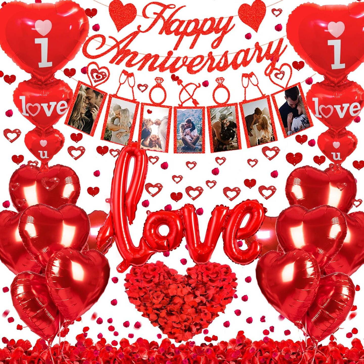 Happy Anniversary Decorations Set - Banner, Balloons, Photo Banner, Rose Petals