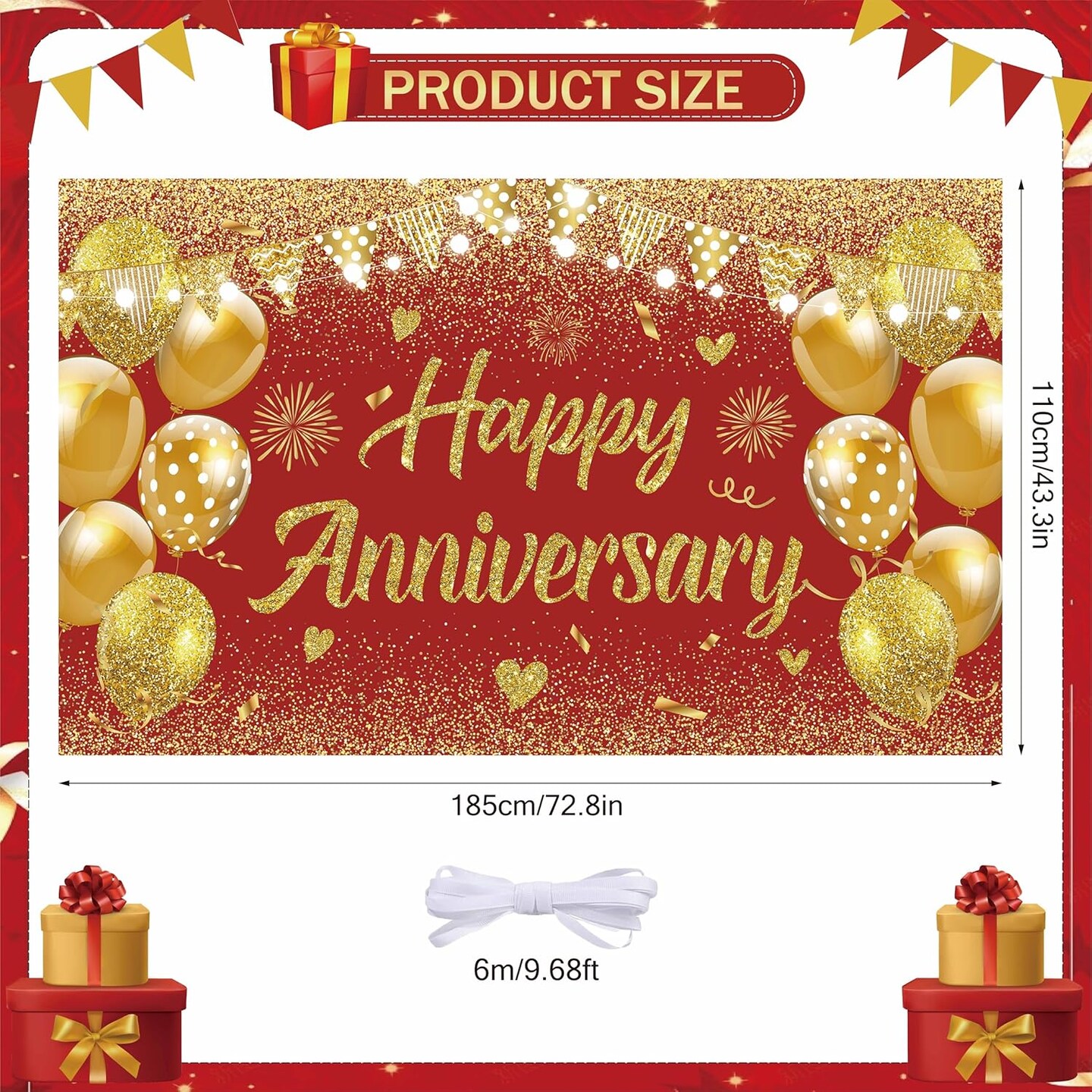 43 Inch-Wedding Anniversary Banner Red Gold Happy Decorations (Gold) 70.87 inches x 43.31 inches