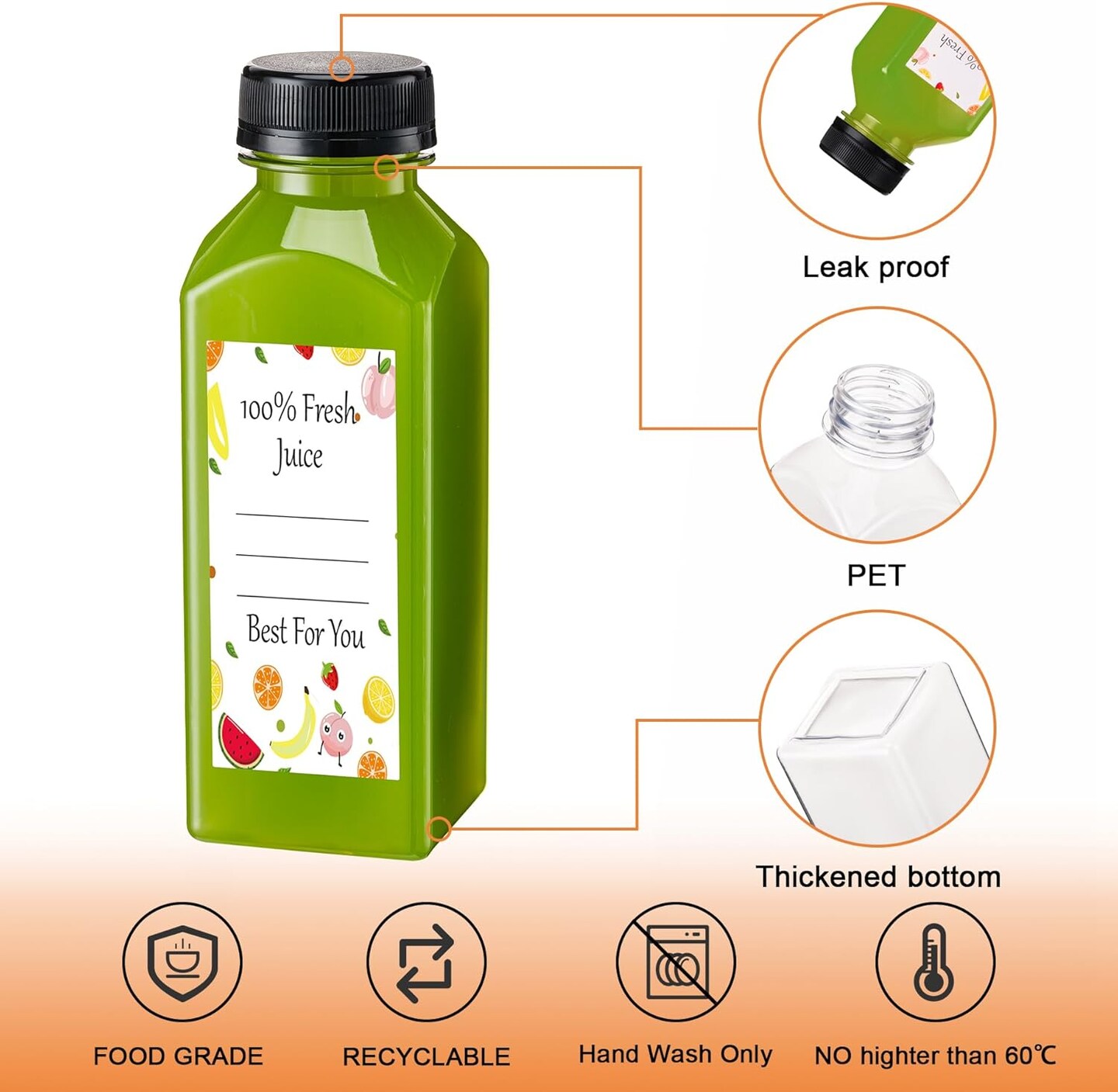 Juice Bottles with Caps, Juice Containers - with 10Pcs Labels & Bottle Brush (Transparent)