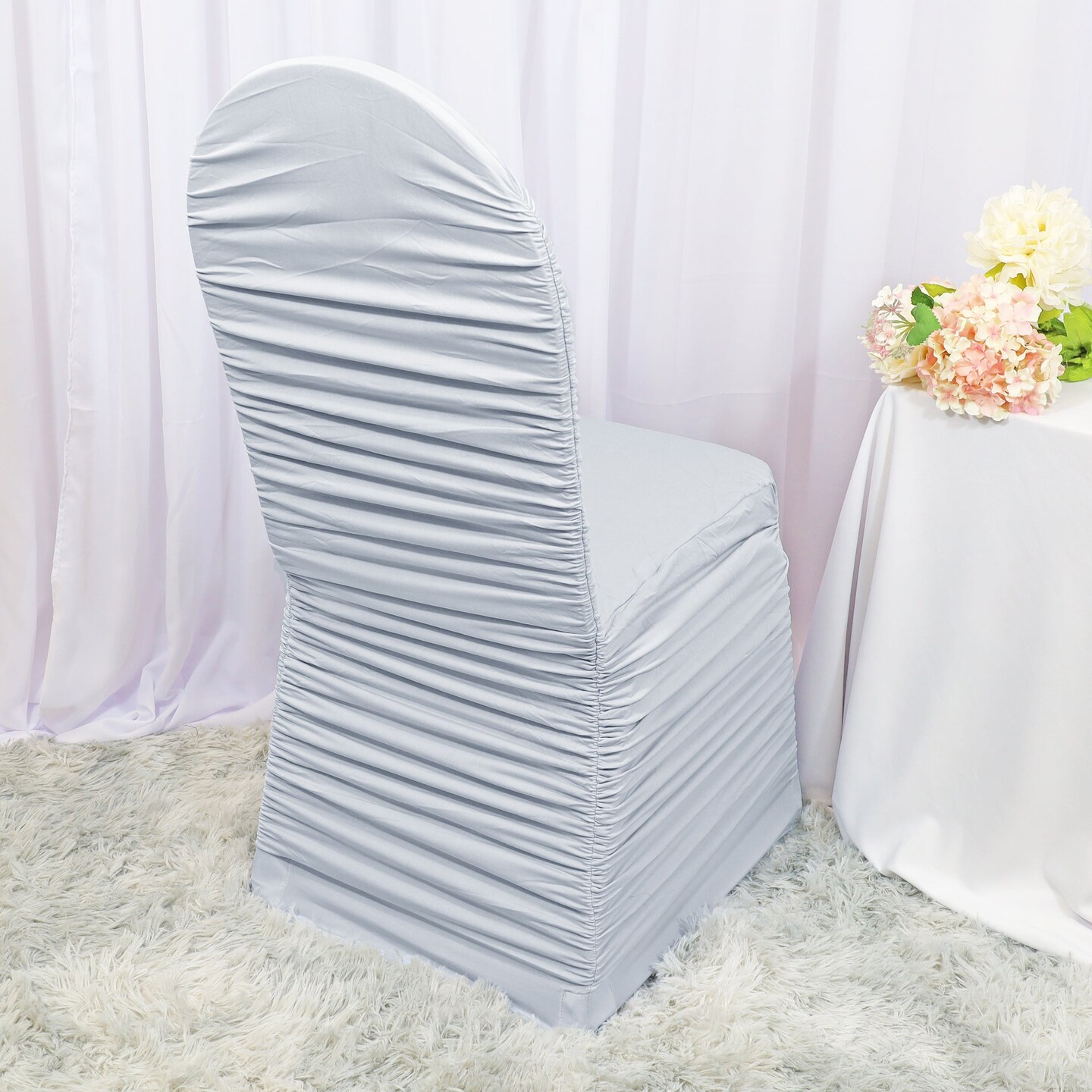 1 Piece Platinum or Light Silver Rouge Chair Cover, Ruffled Stretch Spandex for Banquet Chairs