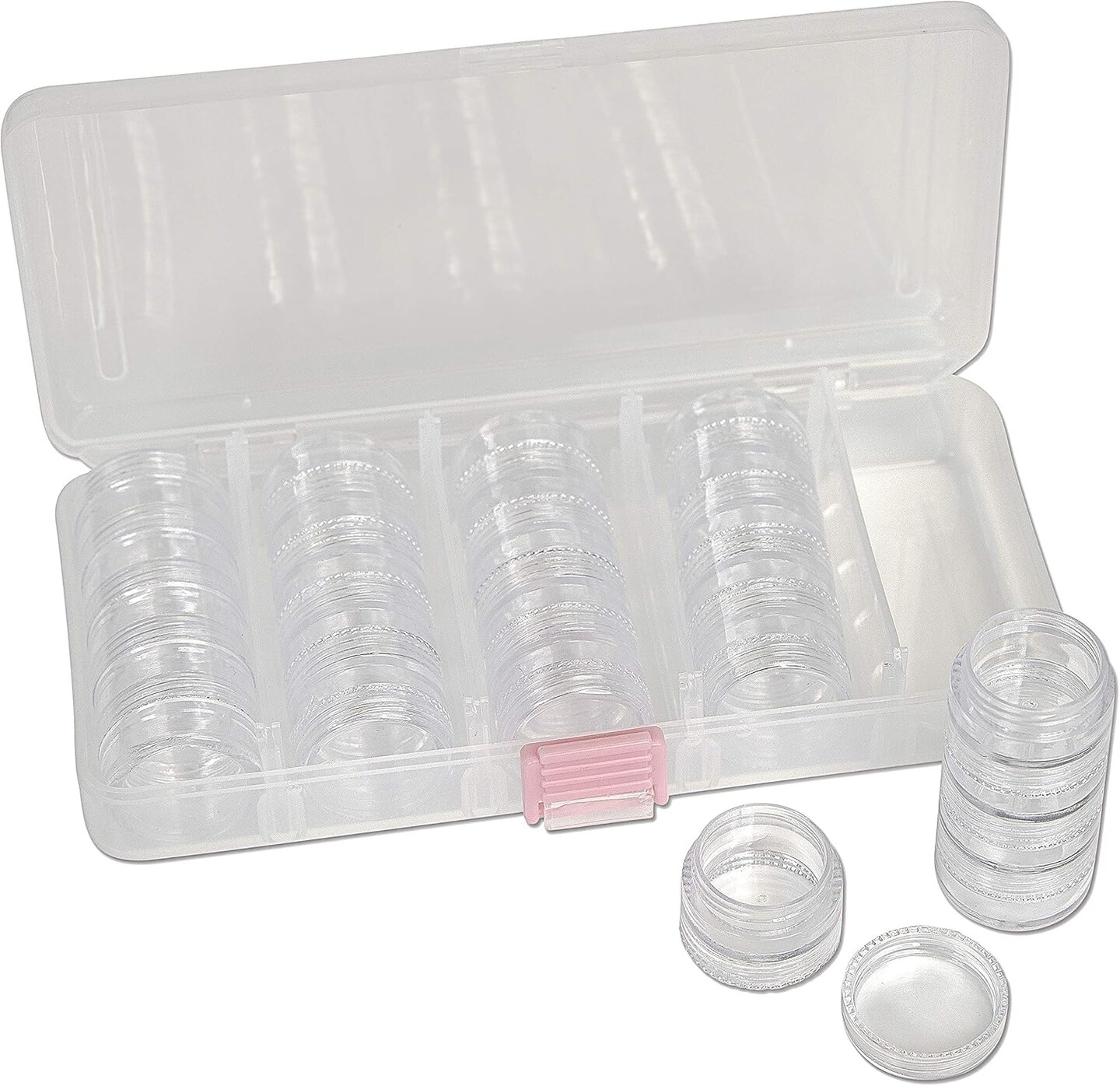 The Beadsmith Personality Case, Clear Plastic Bead Storage Case with 25 Removable and Stackable Jars, includes 5 screw top lids, Organizer Storage for Beads, Snap Lock Case for Jewelry and Crafts
