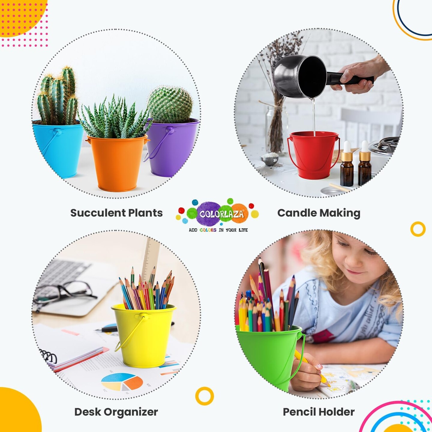 Small Metal Buckets with Handle 6 Pcs - Multicolor