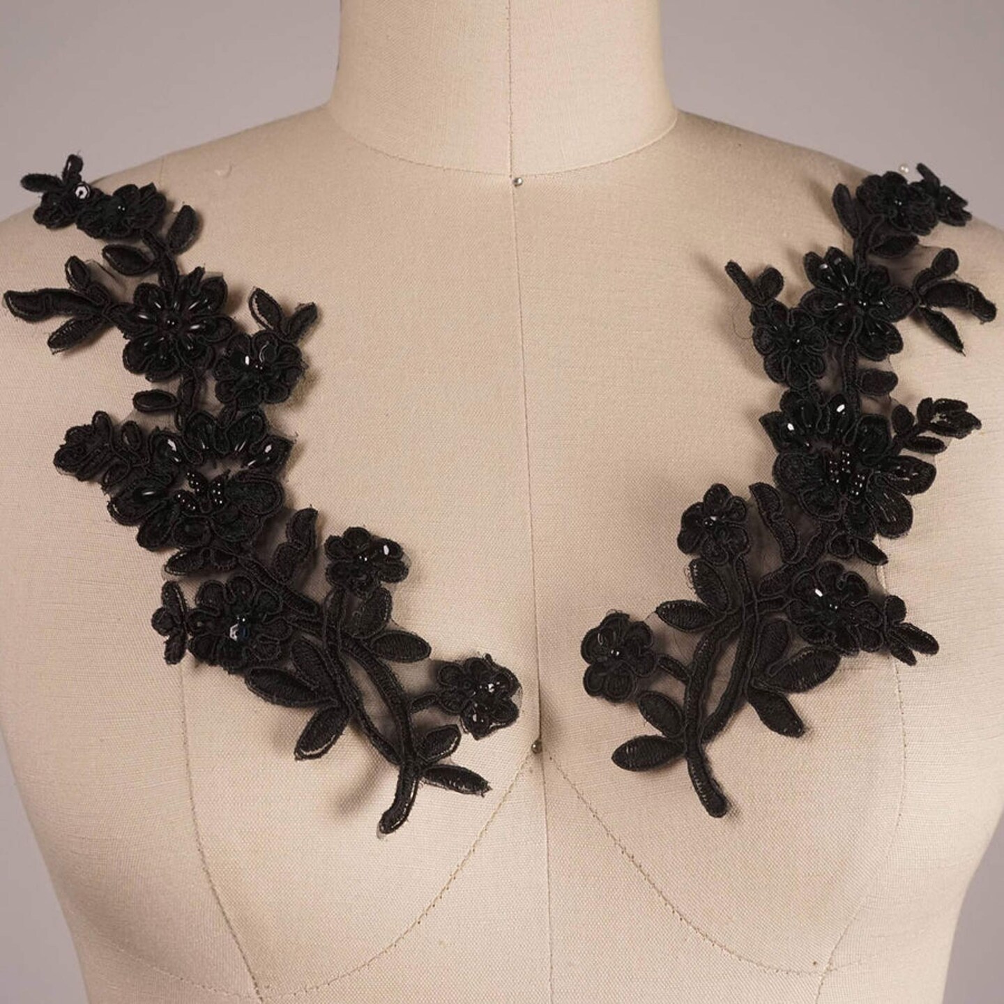 1 Pair Black Beaded Lace Appliqué 10 Inch Floral Embroidered Sequined