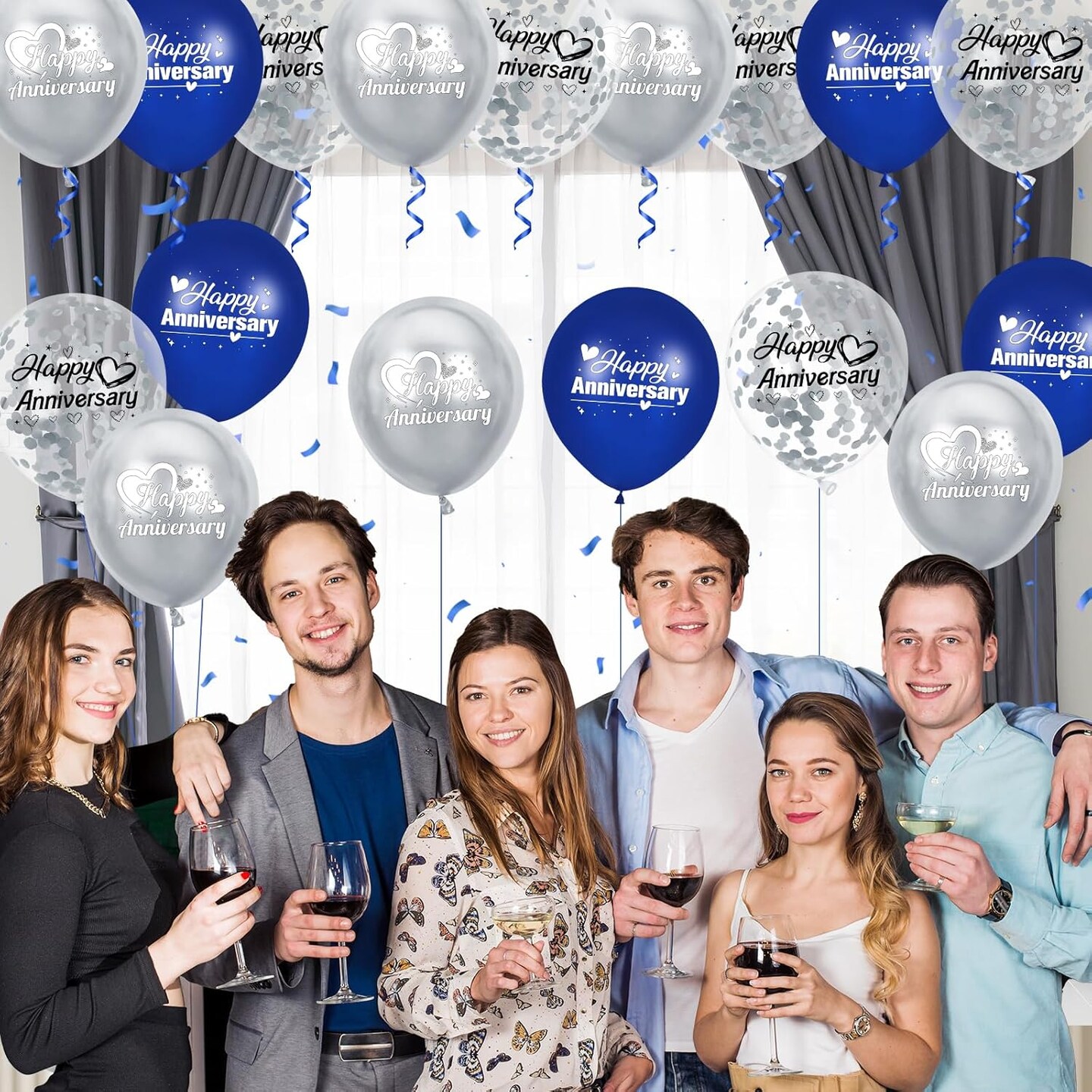 Happy Anniversary Balloons 18Pcs Blue Silver Party Decorations for Women Men 12Inch Metallic Confetti Balloons for Indoor Outdoor Party Supplies