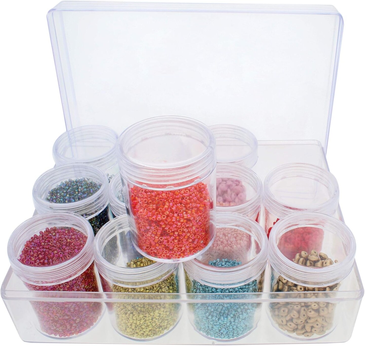 The Beadsmith Personality Case - Clear Storage Organizer Box, 6.25 x 4.75 x 2.1 inches - Includes 12 Small Containers with lids - 1.5 x 2 inches, Bead Holder