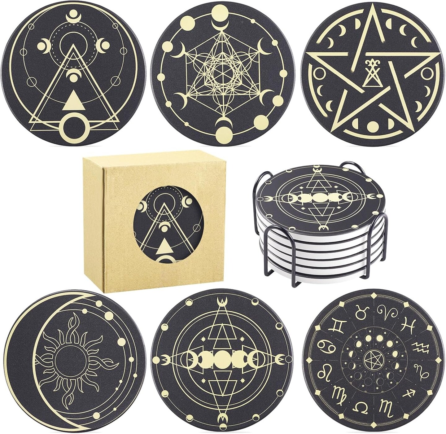 6 Pcs Funny Set with Holder,Witchy Coasters for Drinks,Kitchen Witch Decor