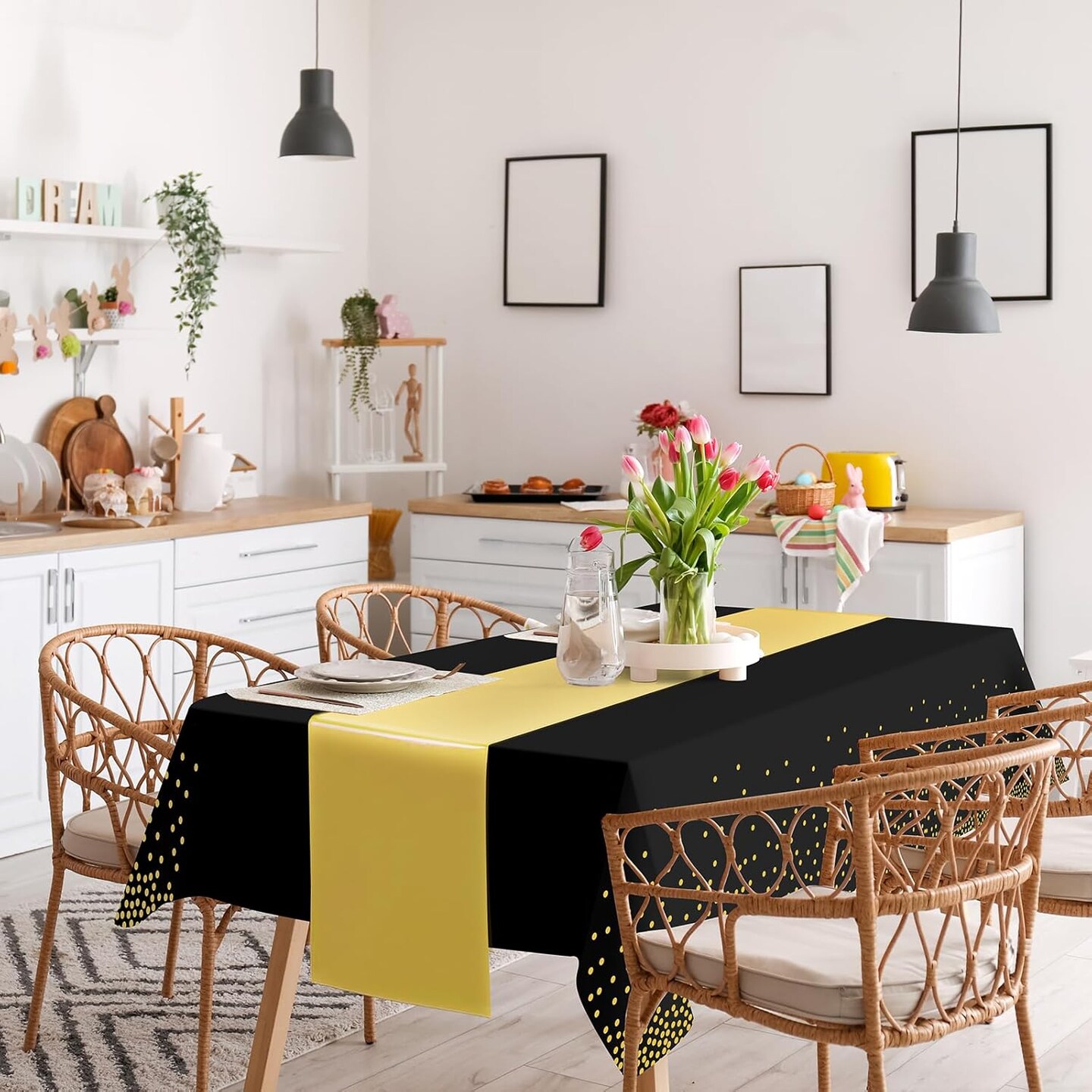 12 Pack Black and Gold Tablecloth and Table Runner Set