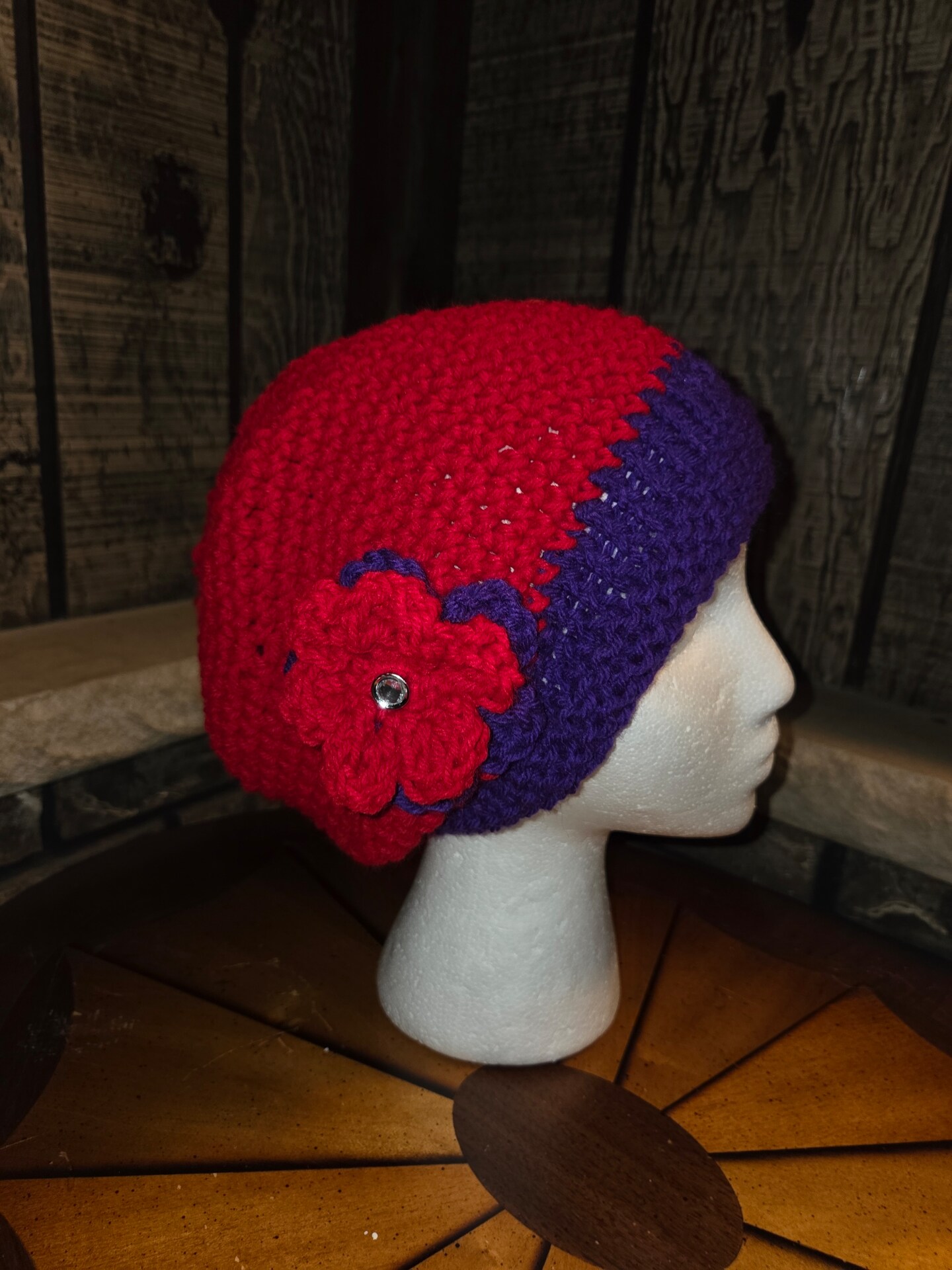 BOHO CHIC RED AND PURPLE HAND CROCHETED SLOUCH HAT AND 