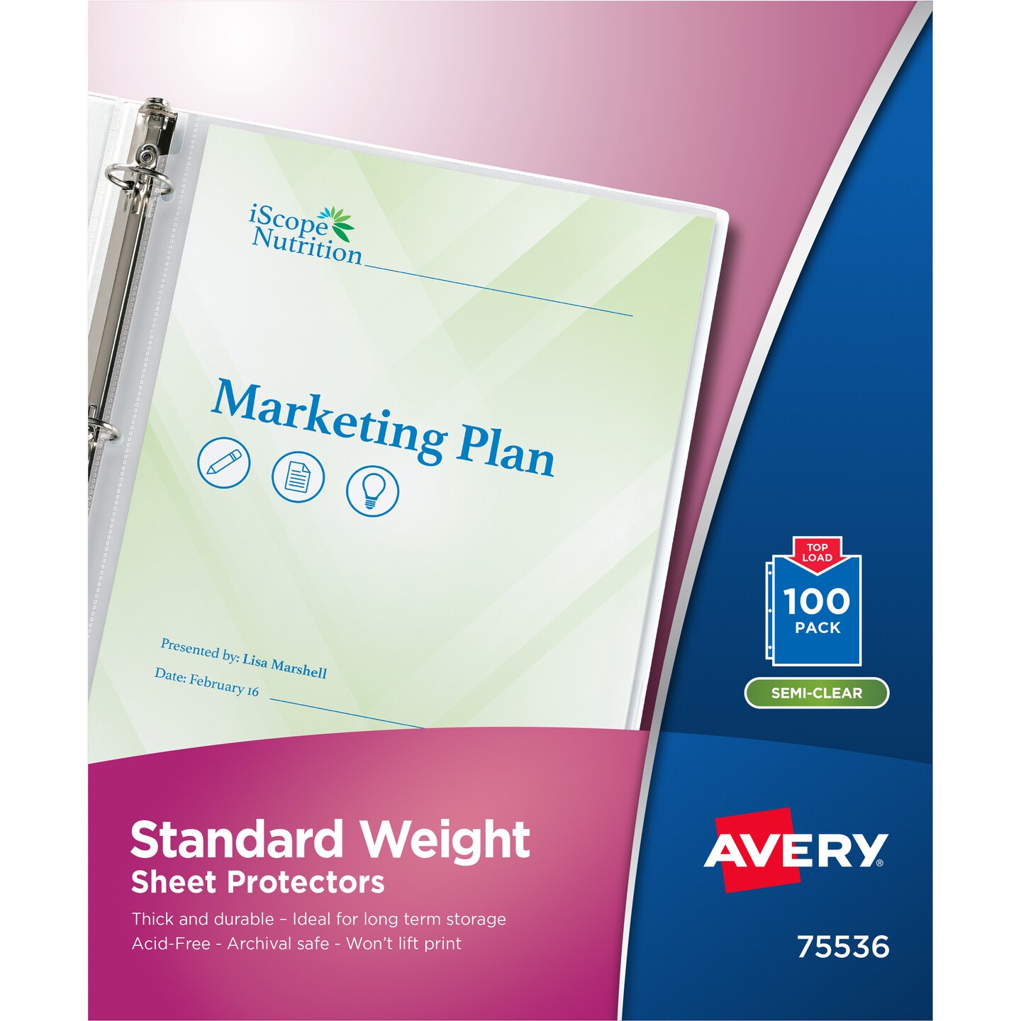Avery Semi-Clear Standard Weight Sheet Protectors, Top Load, 100 Document Protectors (75536)