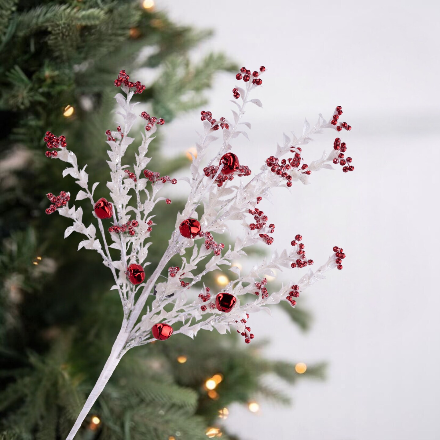 18&#x22; Jingle Bell Berry Leaf Spray: White/Red
