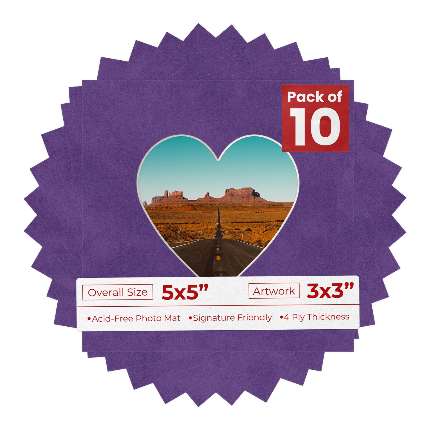 Purple Suede Mat Board for 5x5 Inch Frames - Heart Opening for 3x3 Photos