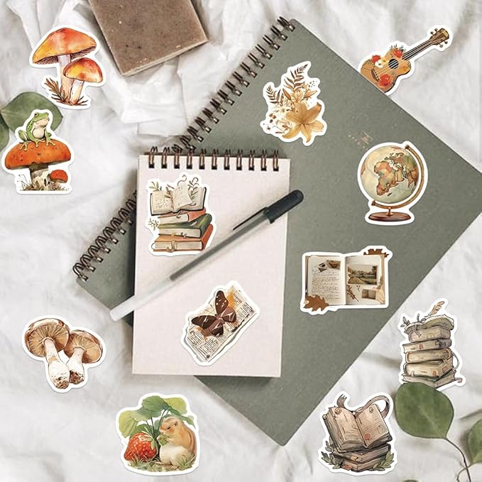 50 Pcs Vintage Cottagecore Vinyl Stickers, Waterproof Aesthetic Old Antique Nature Forest Floral Woodland Creatures & Books Decals for Scrapbook, Laptop, Water Bottle