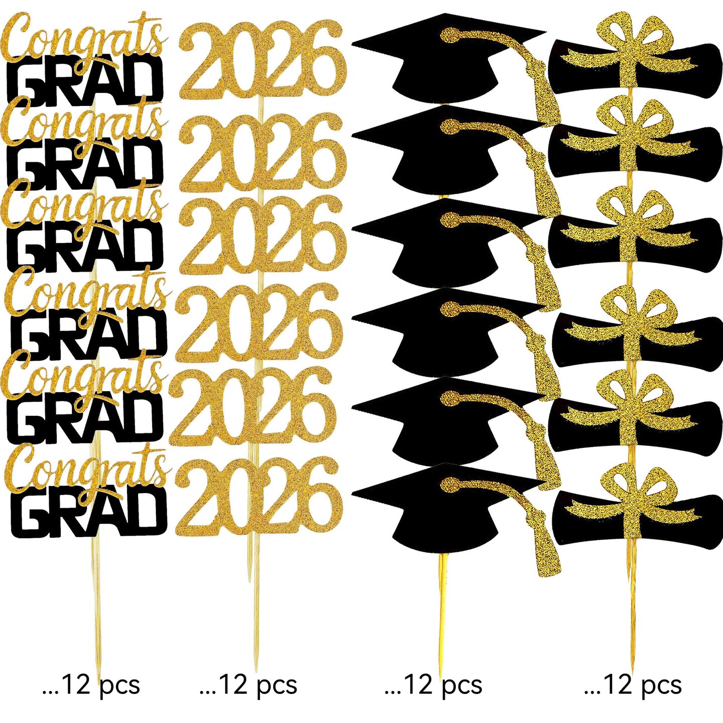 2026 Graduation Cupcake Toppers, 48 PCS Food/Appetizer Picks For Graduation Party Mini Cake Decorations, Diploma, 2026, Grad Cap Set 48 Pieces (01 Gold)