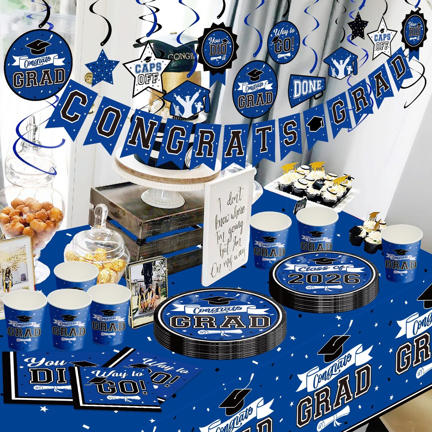 Graduation Decorations 2026 Blue, 265pcs Graduation Party Decorations 2026, Disposable Tableware Set for 50 Guests, Plates, Cups, Tablecloth with Congrats Grad Hanging Decor