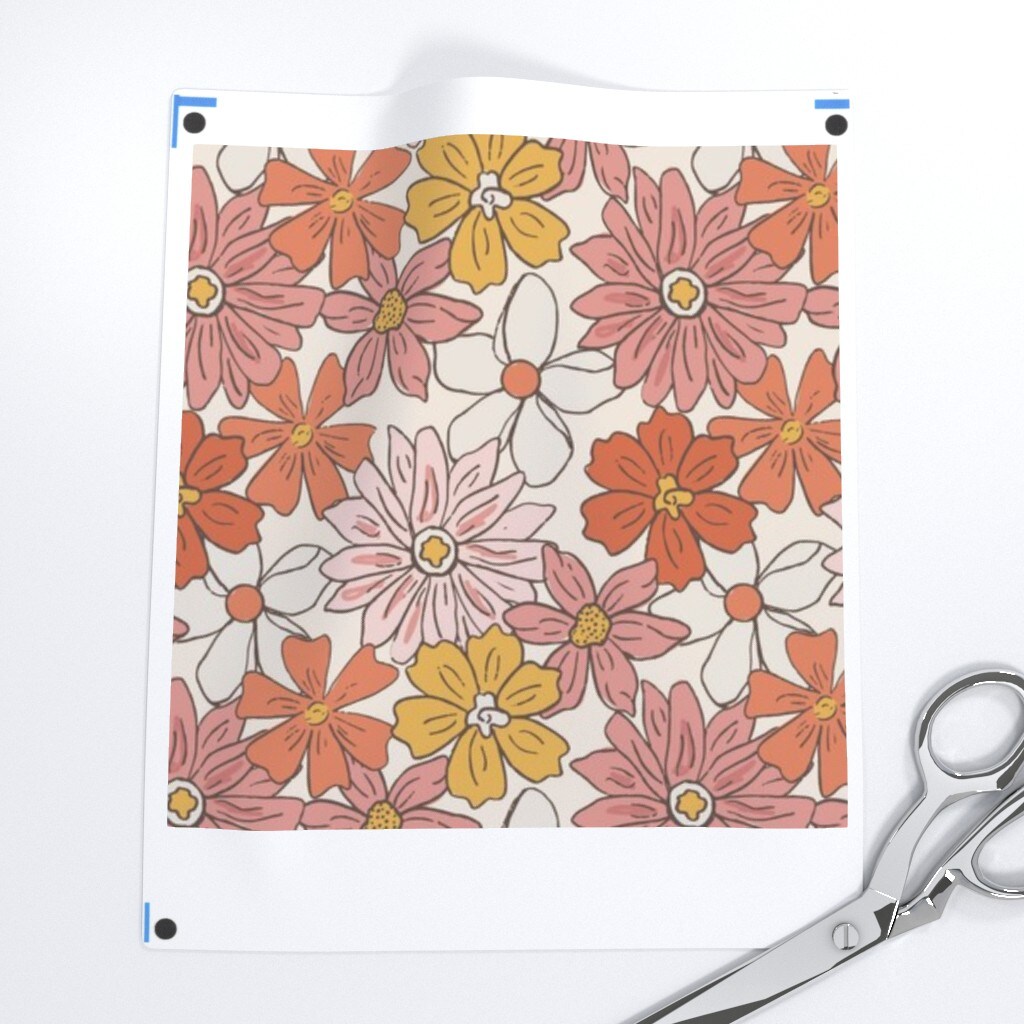 70S Floral Retro Botanical Vintage Flowers Pink Yellow Whimsical Custom Printed Fabric by Spoonflower Various Fabrics by the Yard or Fat Quarter