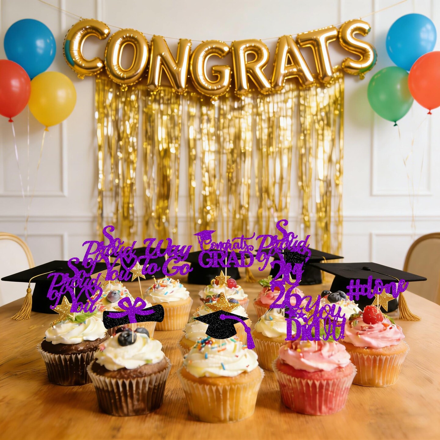 Graduation Decorations 2026 Purple, Graduation Cupcake Toppers 2026 Purple Black, Glitter Class of 2026 Cupcake Toppers Supplies, Class of 2026 Congrats Grad Cap Diploma Cupcake Picks - 40Pcs