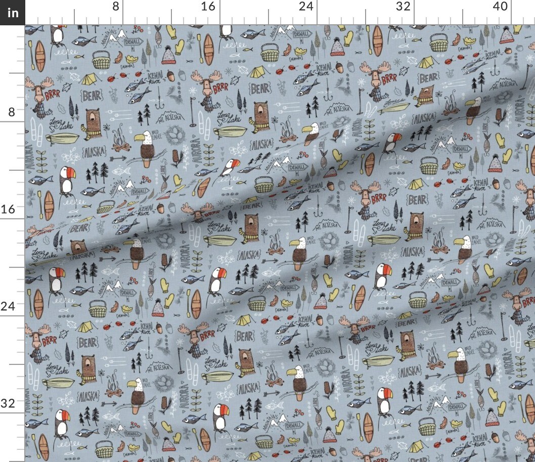 Alaskan Adventure Blue Alaska Bear Moose Fishing Camping Custom Printed Fabric by Spoonflower Various Fabrics by the Yard or Fat Quarter