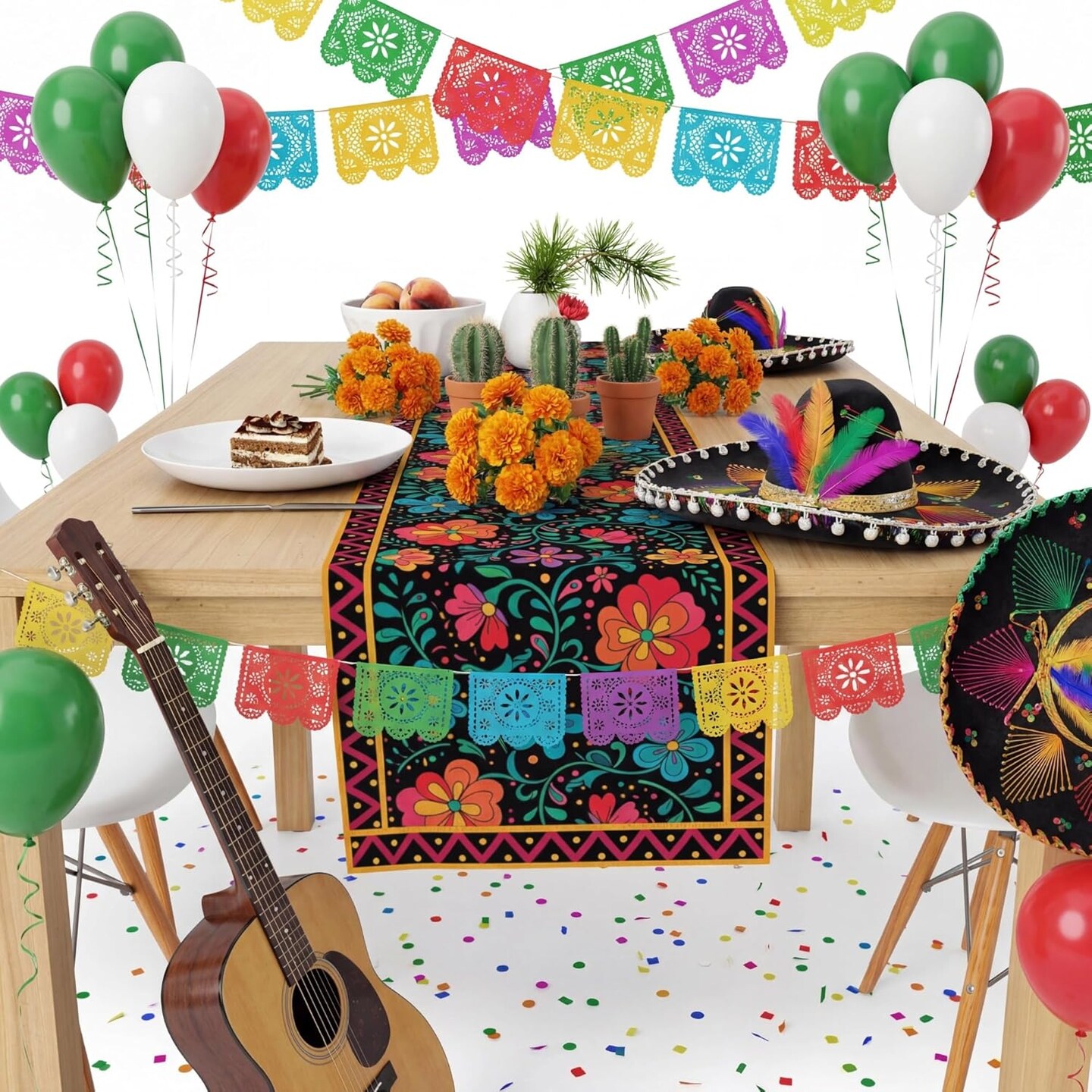 Mexican Fiesta Table Runner – Cinco de Mayo Rustic Floral Linen Table Decor for Fiesta Party, Taco Tuesday, Dia de los Muertos & Kitchen Dining Table Decoration