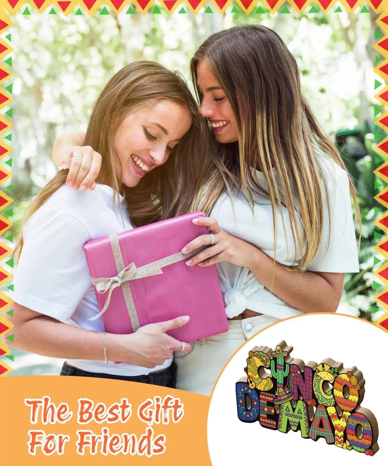 Cinco de Mayo Wooden Ornaments – Colorful “Cinco de Mayo” Letter Sign – Mexican Fiesta Table & Shelf Decor with Cactus, Sombrero, Guitar & Taco Designs – MDF Freestanding Party Decoration – Perfect for Mother's Day Card Making Displays