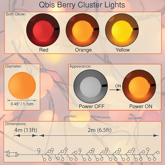 LED Cluster Lights Christmas Decorations, Orange, Yellow, Red Christmas Lights. Plug in Cluster Fairy String Light and Fall Decor. 120 Berry's on Thin Black Wire, Ideal Tree and Garland Light