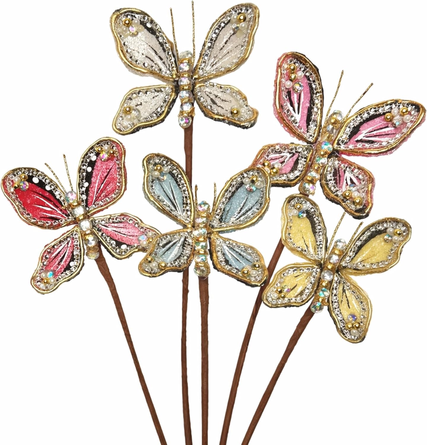 Jeweled Butterfly Floral Picks - Spring Easter Wedding Decor, Set of 5 - Final sale / Non-returnable and Non-refundable