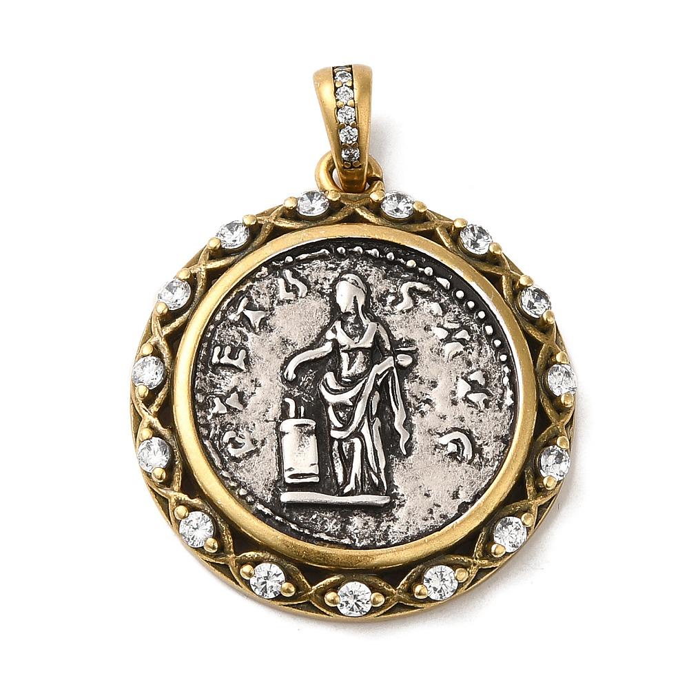 29x26mm 18k Gold Plated Brass Micro Pave Cubic Zirconia Greek Coin Pendant