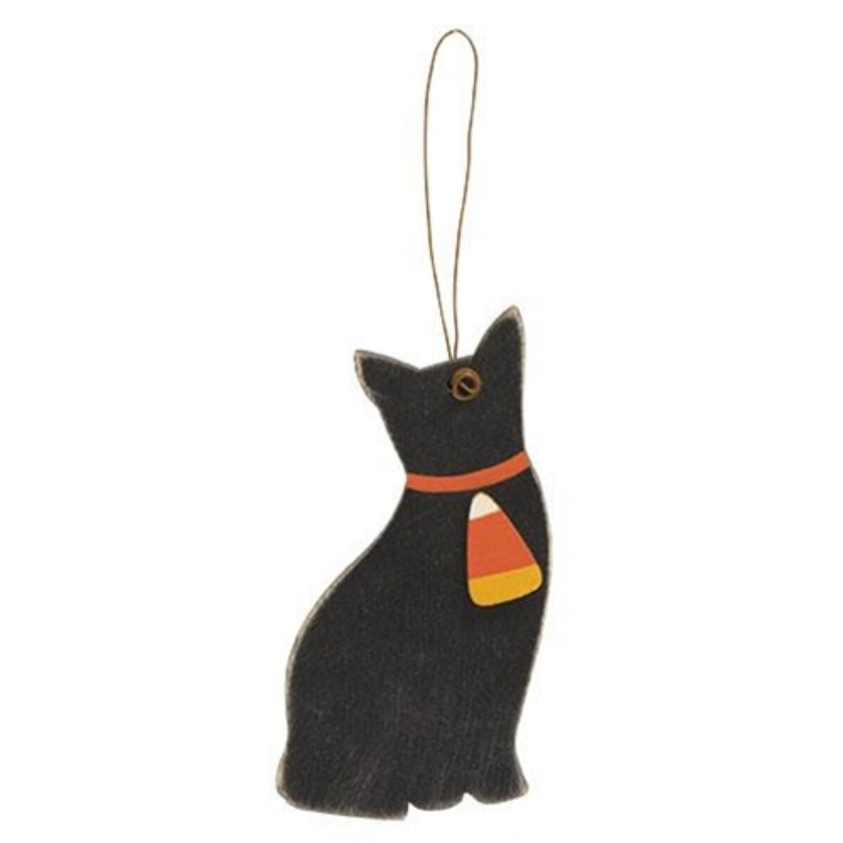 Hand-Painted Black Cat Wooden Ornament with Candy Corn Cutout and Hanging Wire for Seasonal Decor