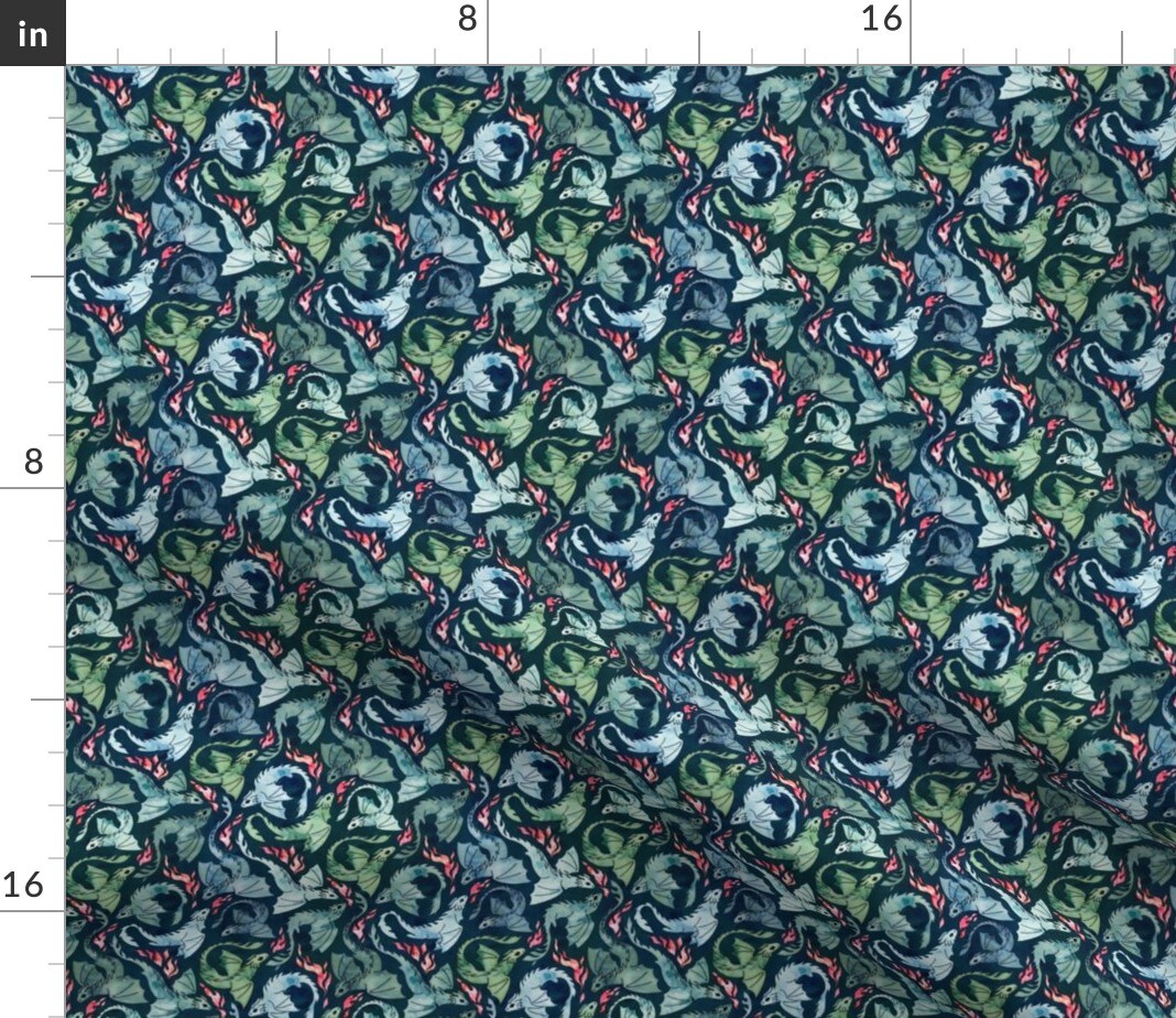 Dragon Fire Dark Blue Green Super Small Navy Fantasy Watercolor Scarlet Custom Printed Fabric by Spoonflower Various Fabrics by the Yard or Fat Quarter