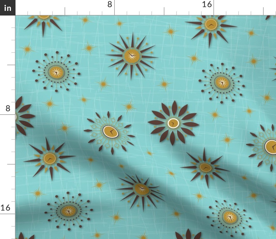 Vintage 1960S Teal Brown Retro Gold Aqua Ivory Custom Printed Fabric by Spoonflower Various Fabrics by the Yard or Fat Quarter