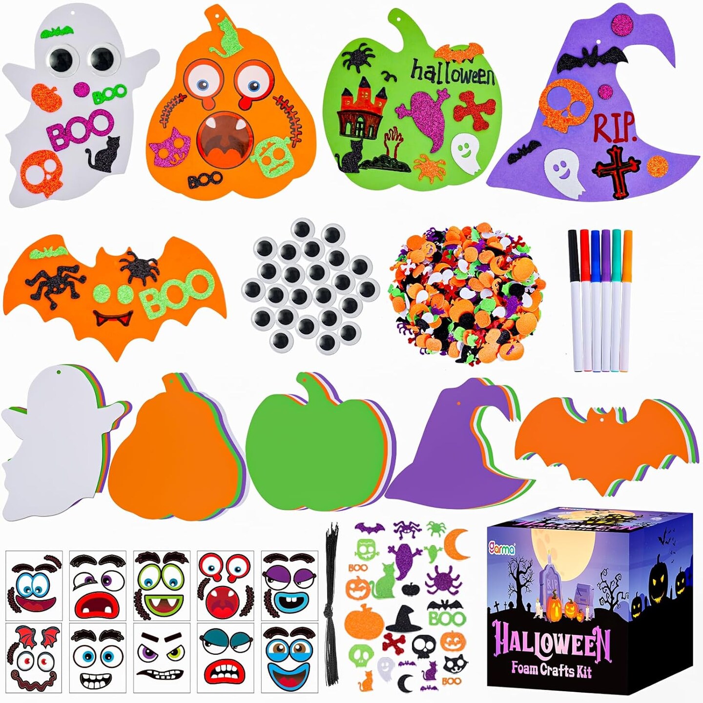 330PCS Halloween Foam Stickers Set, Pumpkin Ghost Spider Bat Crafts Kit