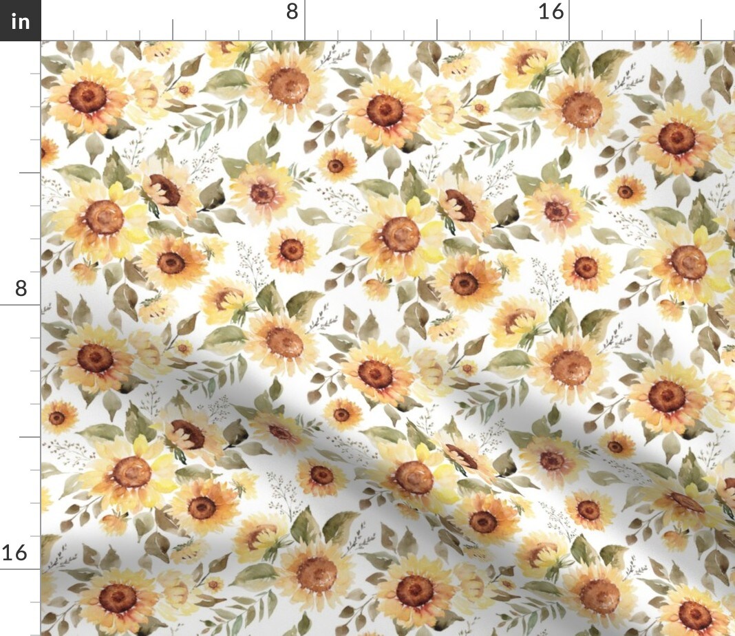 Watercolor Sunflower Autumn Floral Spring Summer Garden Gold Yellow Traditional Custom Printed Fabric by Spoonflower Various Fabrics by the Yard or Fat Quarter