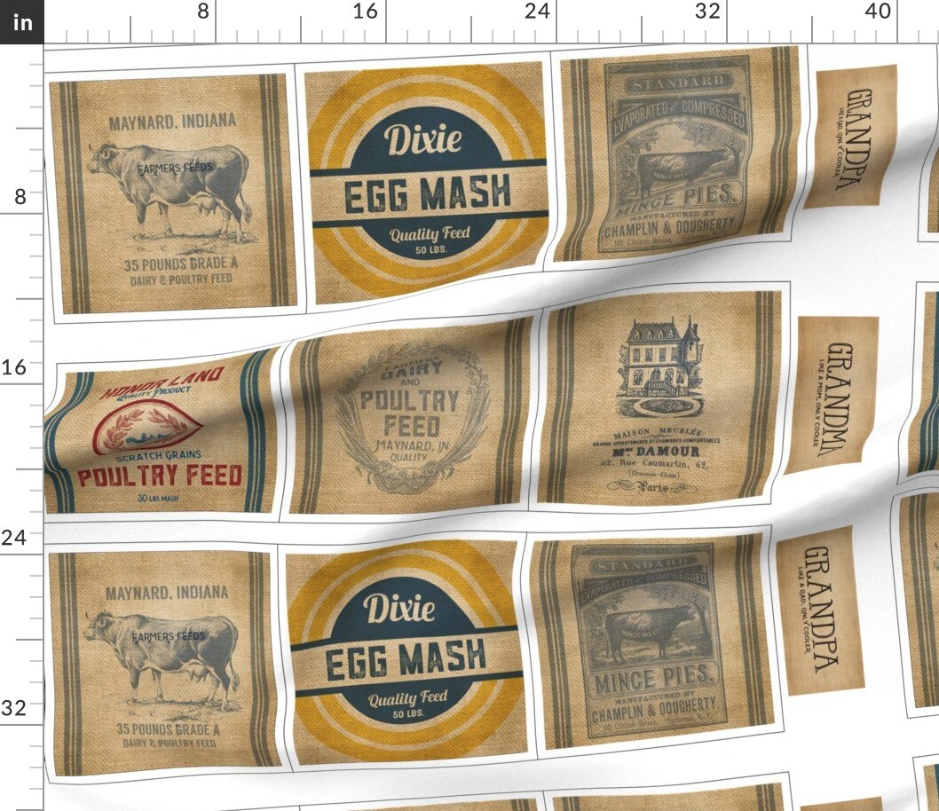 Various Fabrics by the Yard or Fat Quarter Grain Sack Vintage Style Farmhouse Labels Food Label Flour Egg Barn Cow Chicken Animal Feed Custom Printed Fabric by Spoonflower