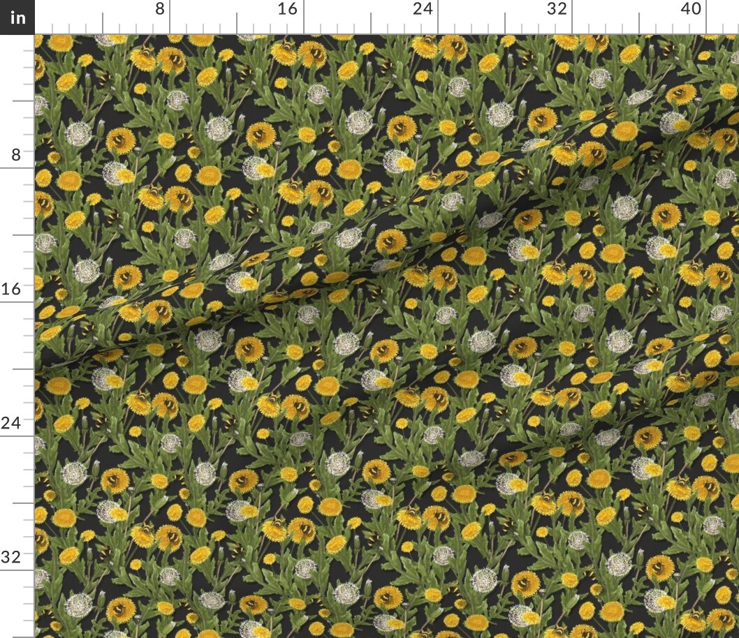 Dandelions Black Bees Flower Yellow Floral Garden Dandelion Custom Printed Fabric by Spoonflower Various Fabrics by the Yard or Fat Quarter